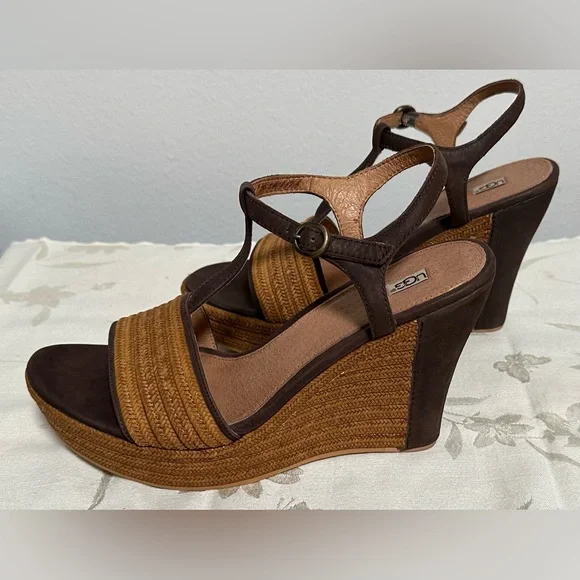 UGG Brown dressy wedge heel sandal espadrille - Picture 2 of 5